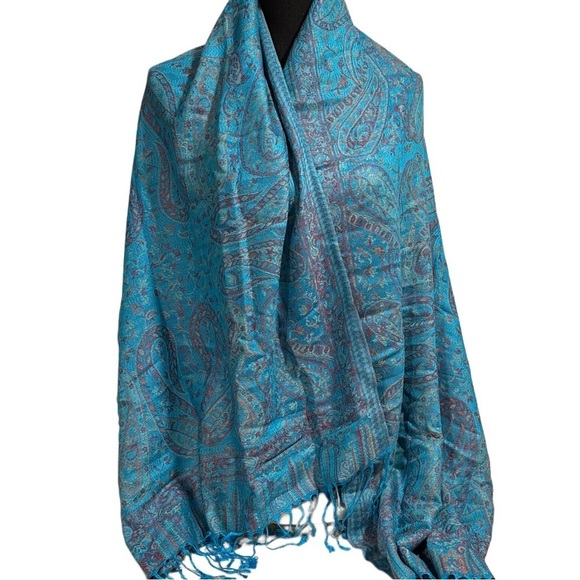Elegant Shawl in Turquoise Blue Paisley - Versatile Wrap, Scarf, Veil Soft Rayon - Picture 7 of 16